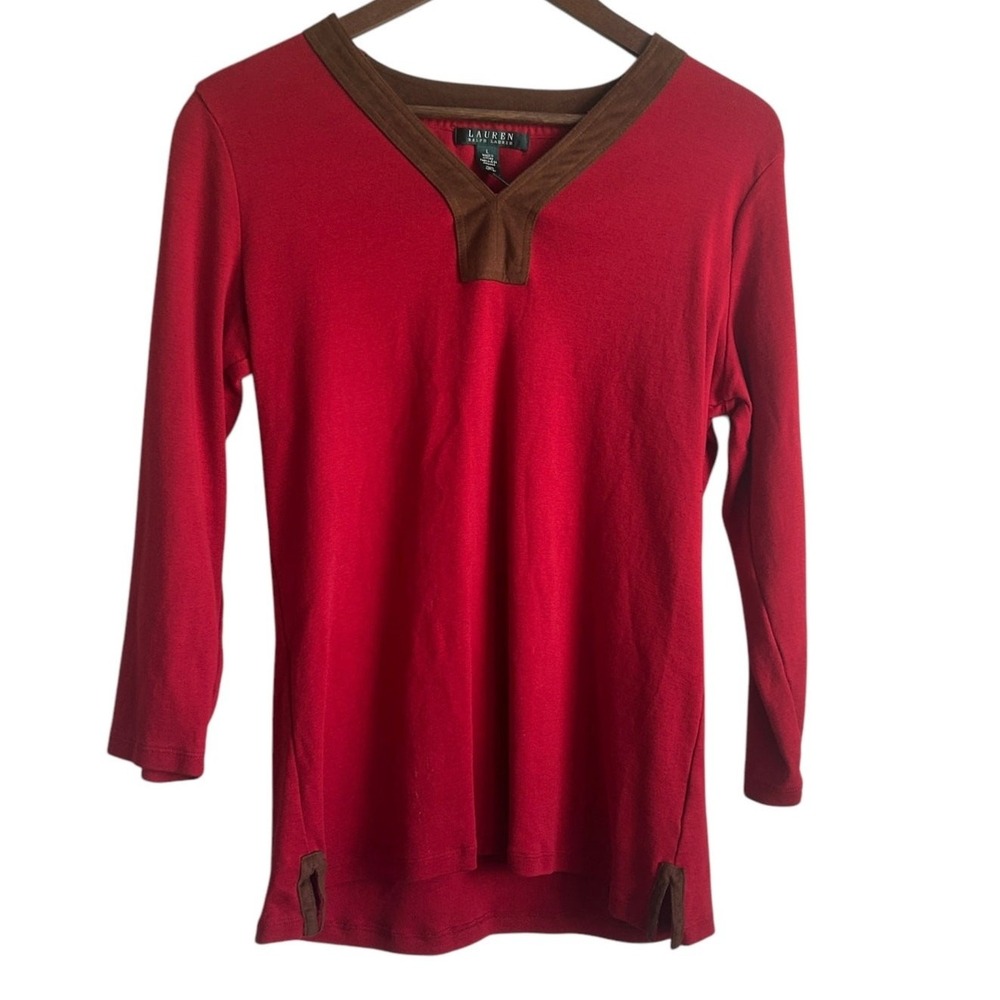 Lauren Ralph Lauren Women Preppy Classic Equestrian Top L Red Faux Suede Trim